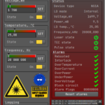 AMPX.NS1A control software displaying live status, temperature, frequency, and pulse control