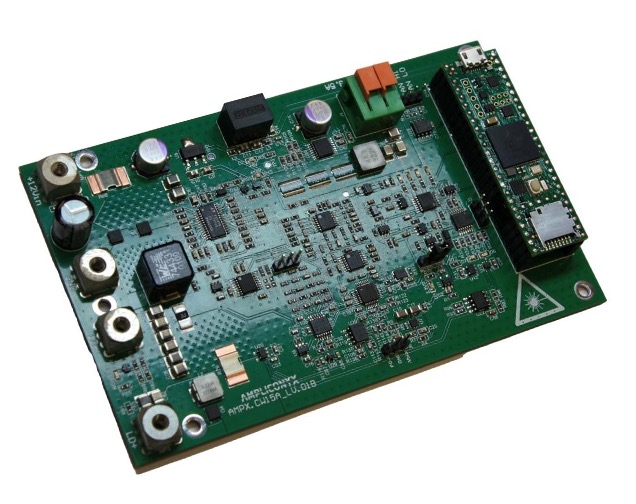 AMPX.CW15A_LV laser diode driver board optimized for low-voltage operation, with control electronics and modular interface