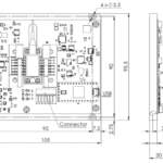 Mechanical drawing of the AMPX.CW2A board with labeled dimensions and component placement